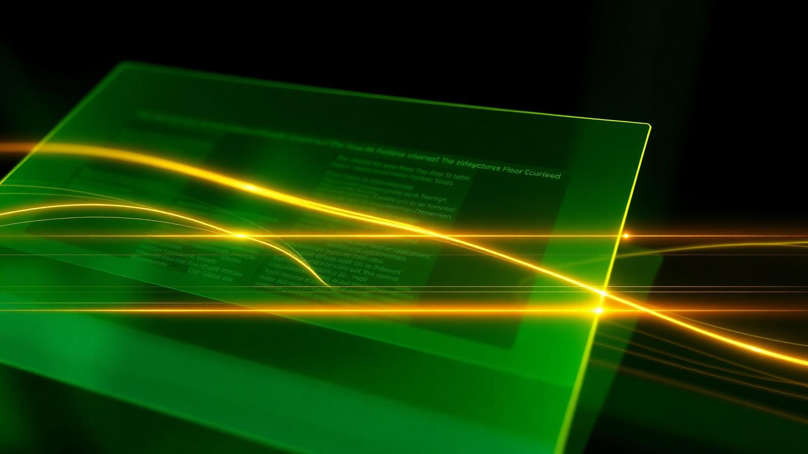 Gold scan line sweeping a translucent emerald page