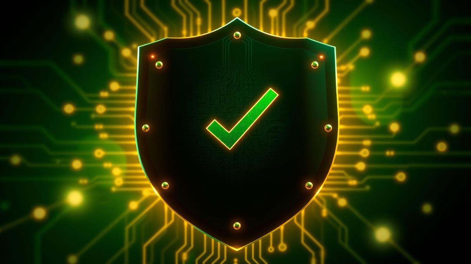 Emerald shield with gold circuitry and a verification mark