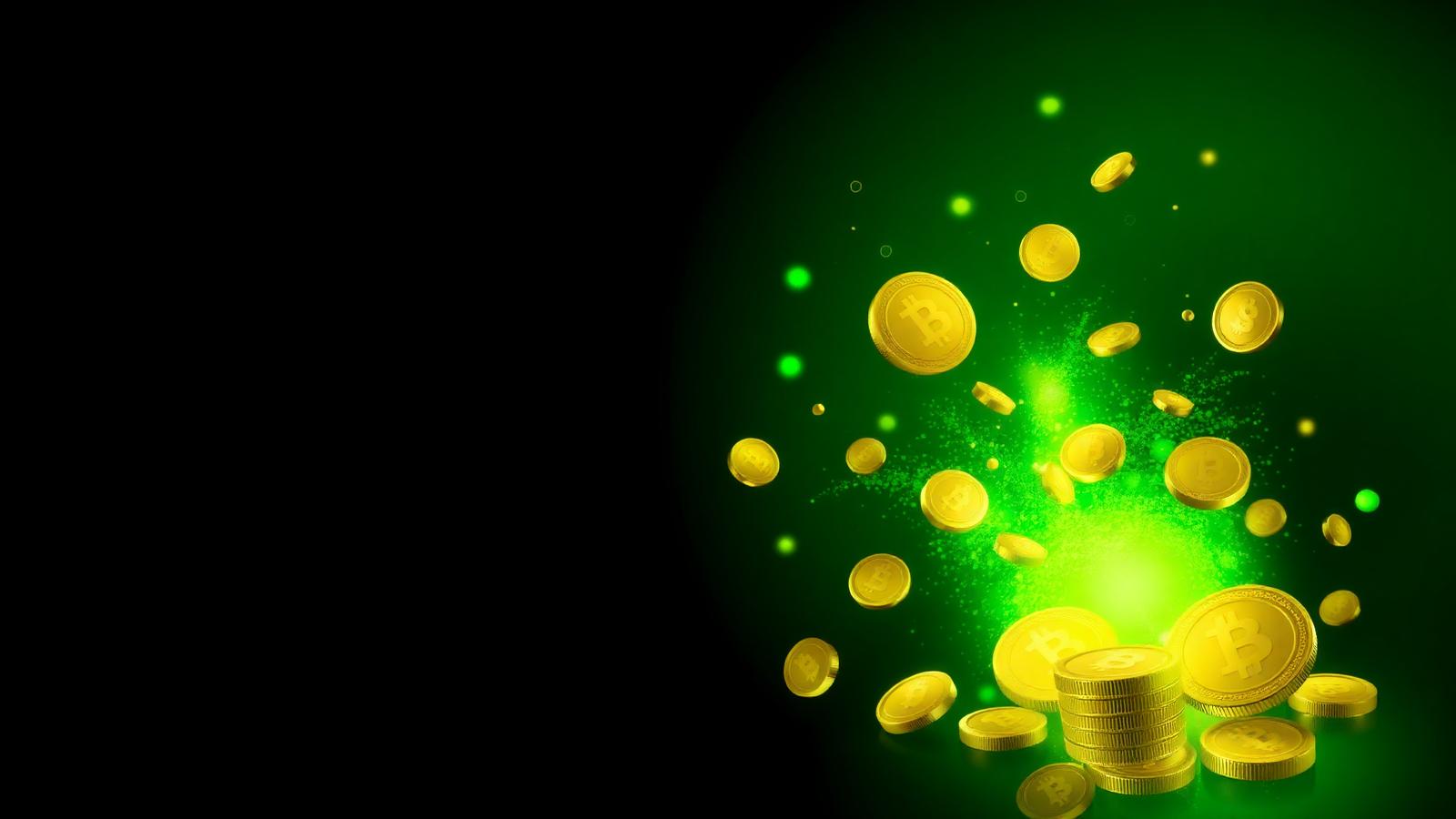 Gold coins dissolving into emerald data particles