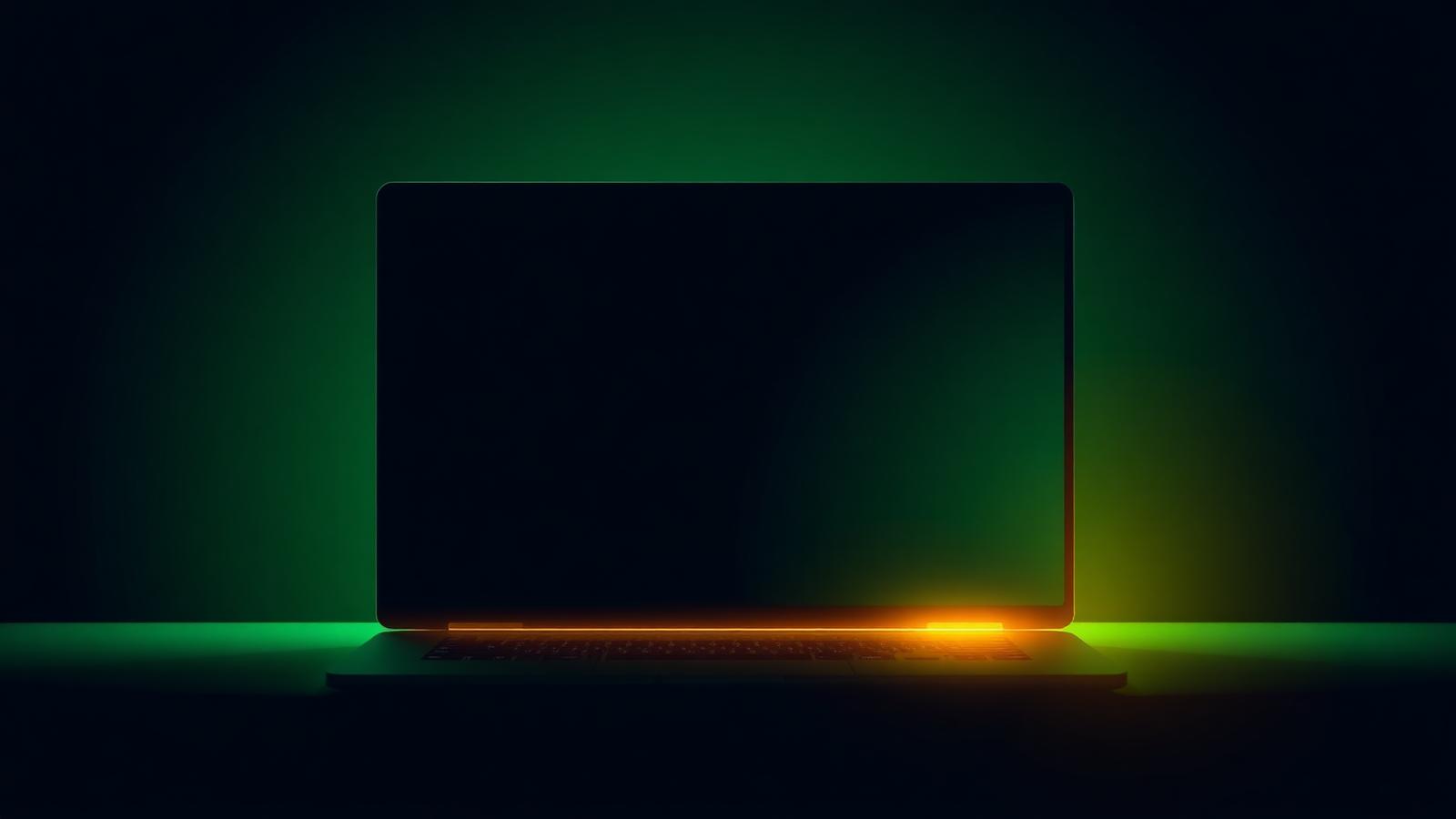Emerald-lit laptop glowing with gold light